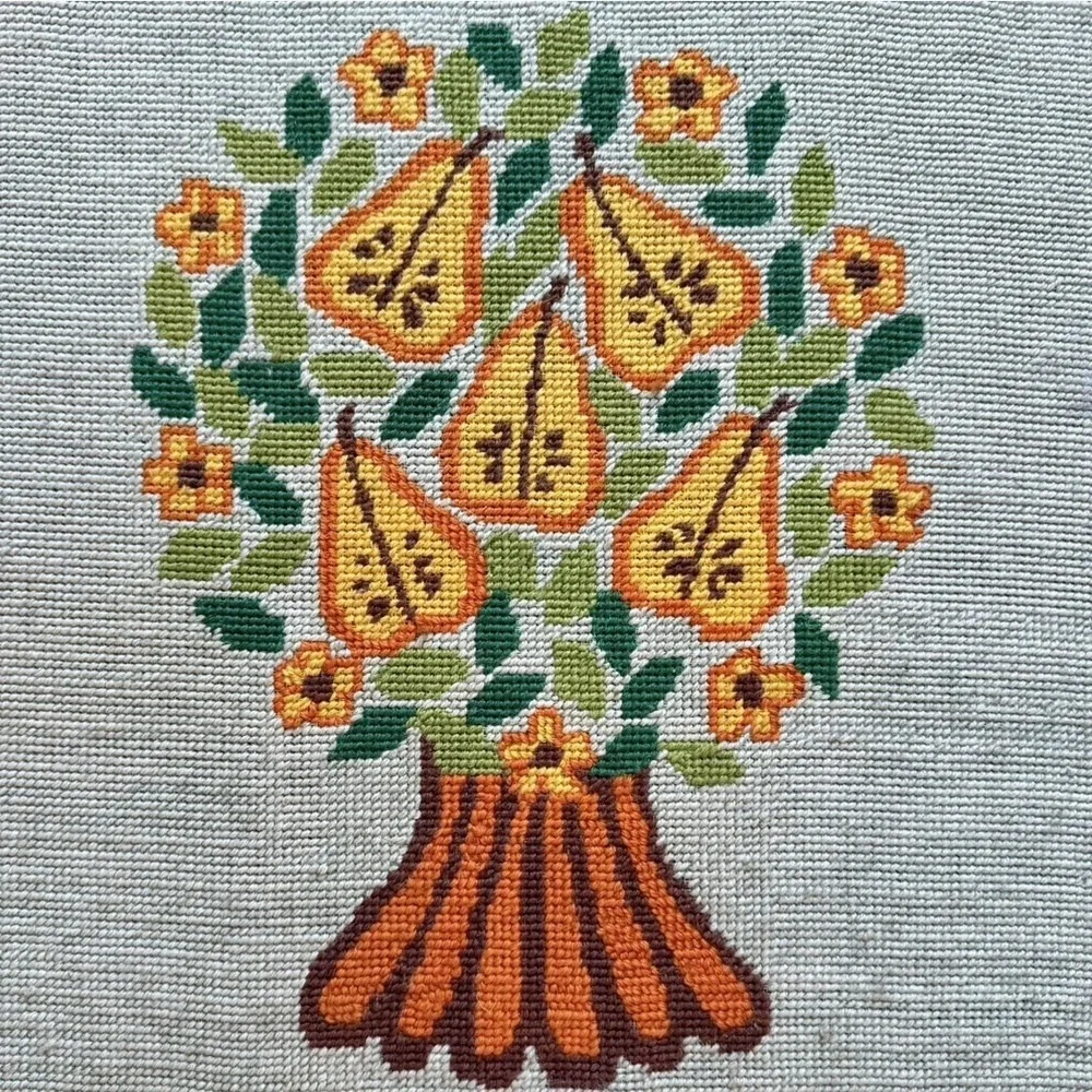 VTG 70s Needlepoint Embroidery Pear Tree Wood Frame Cottage Boho Country 18x17